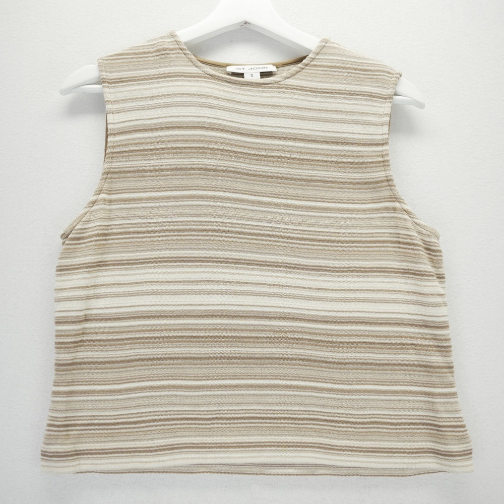 St. John Womens Sleeveless Striped Knit Shell Top Beige Tan Crew Neck Small USA